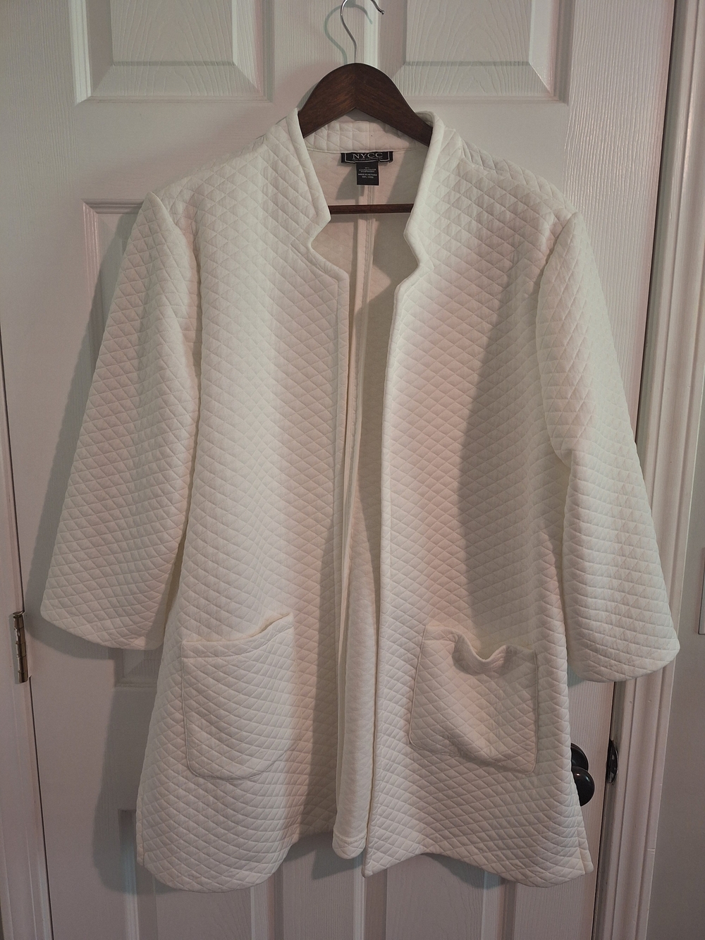New York & Company Women’s Quilted Open Front Coatigan — White